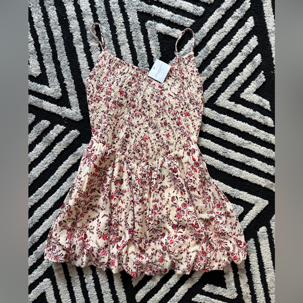 American Eagle Outfitters Cream Smocked Dress with Red Floral Trim